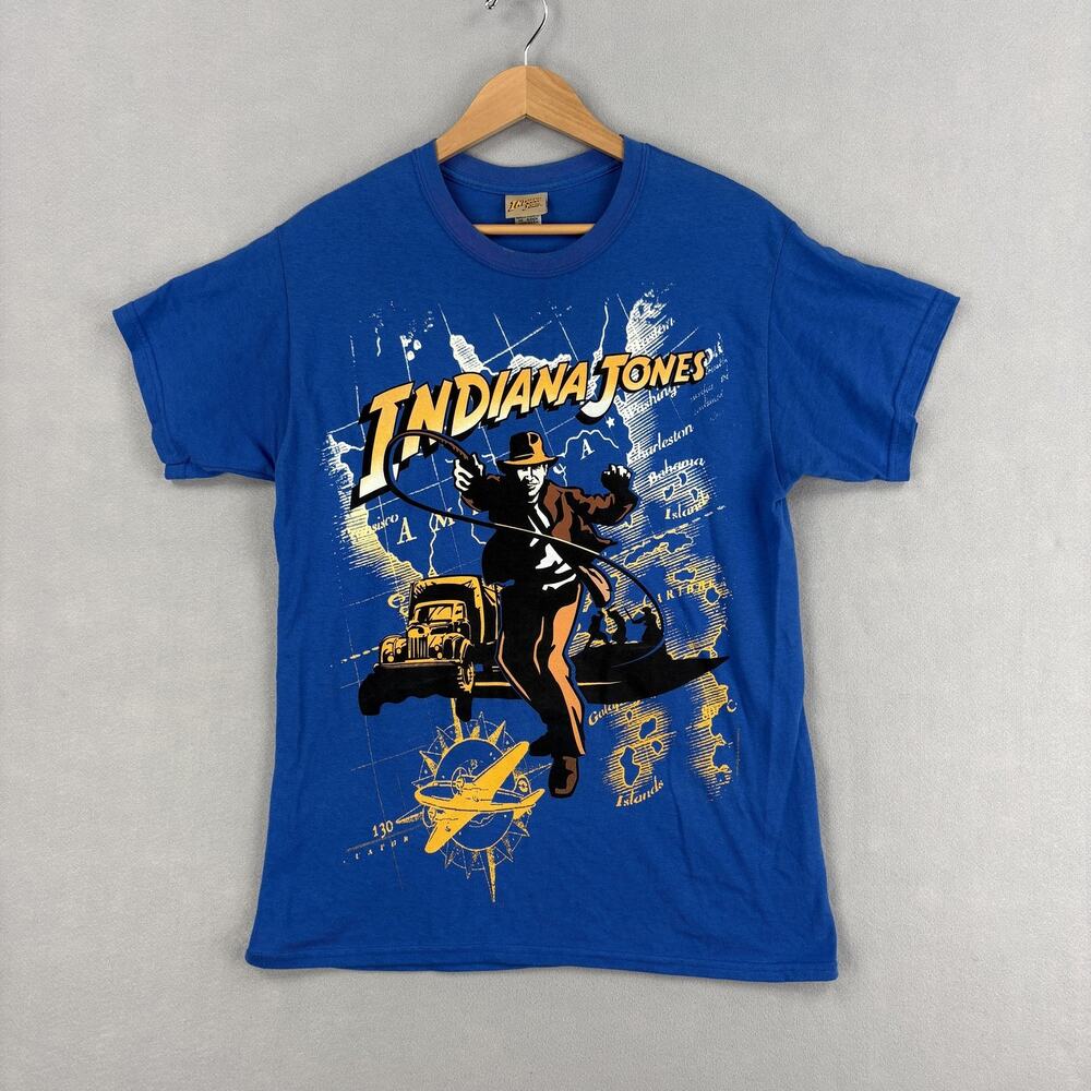 Indiana Jones Shirt Size Medium Blue Short Sleeve Movie Adventure USA Graphic